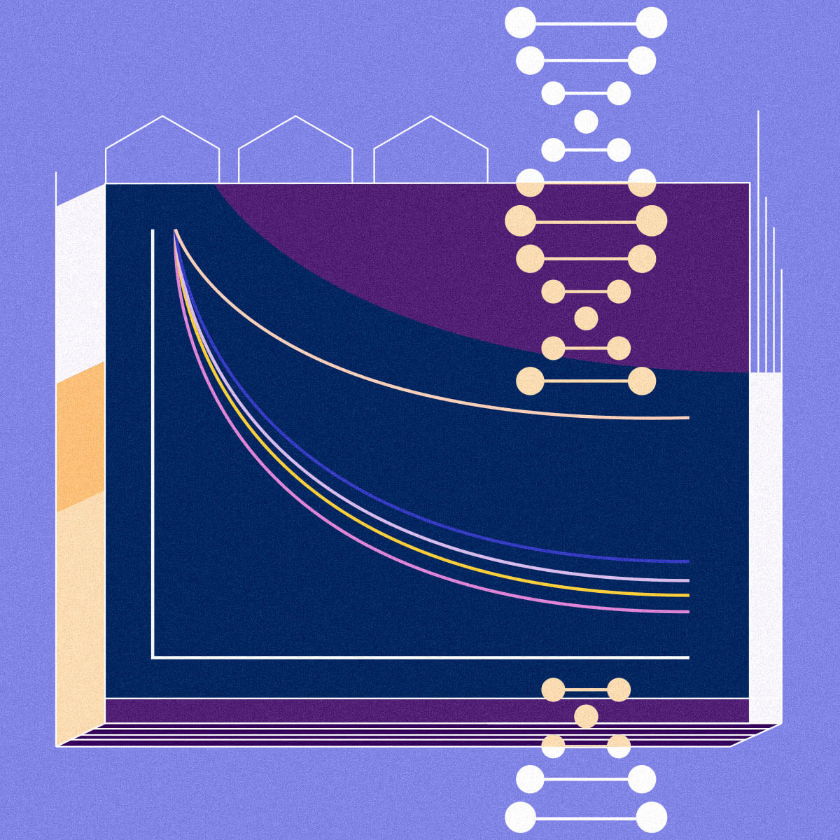 illustration of a Kaplan Meier curve data visualization and a DNA strand illustration of a Kaplan Meier curve data visualization and a DNA strand