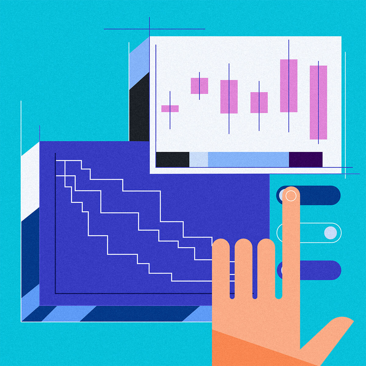 illustration of various data visualizations and a human hand pressing buttons to filter the data illustration of various data visualizations and a human hand pressing buttons to filter the data