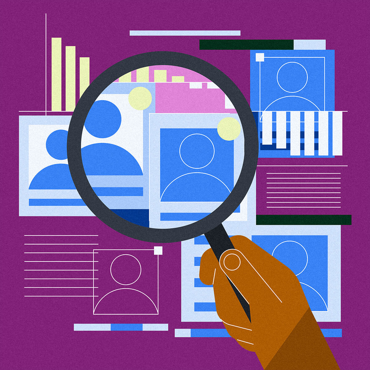 illustration of a human hand holding a magnifying glass on top of a random assortment of patient charts illustration of a human hand holding a magnifying glass on top of a random assortment of patient charts