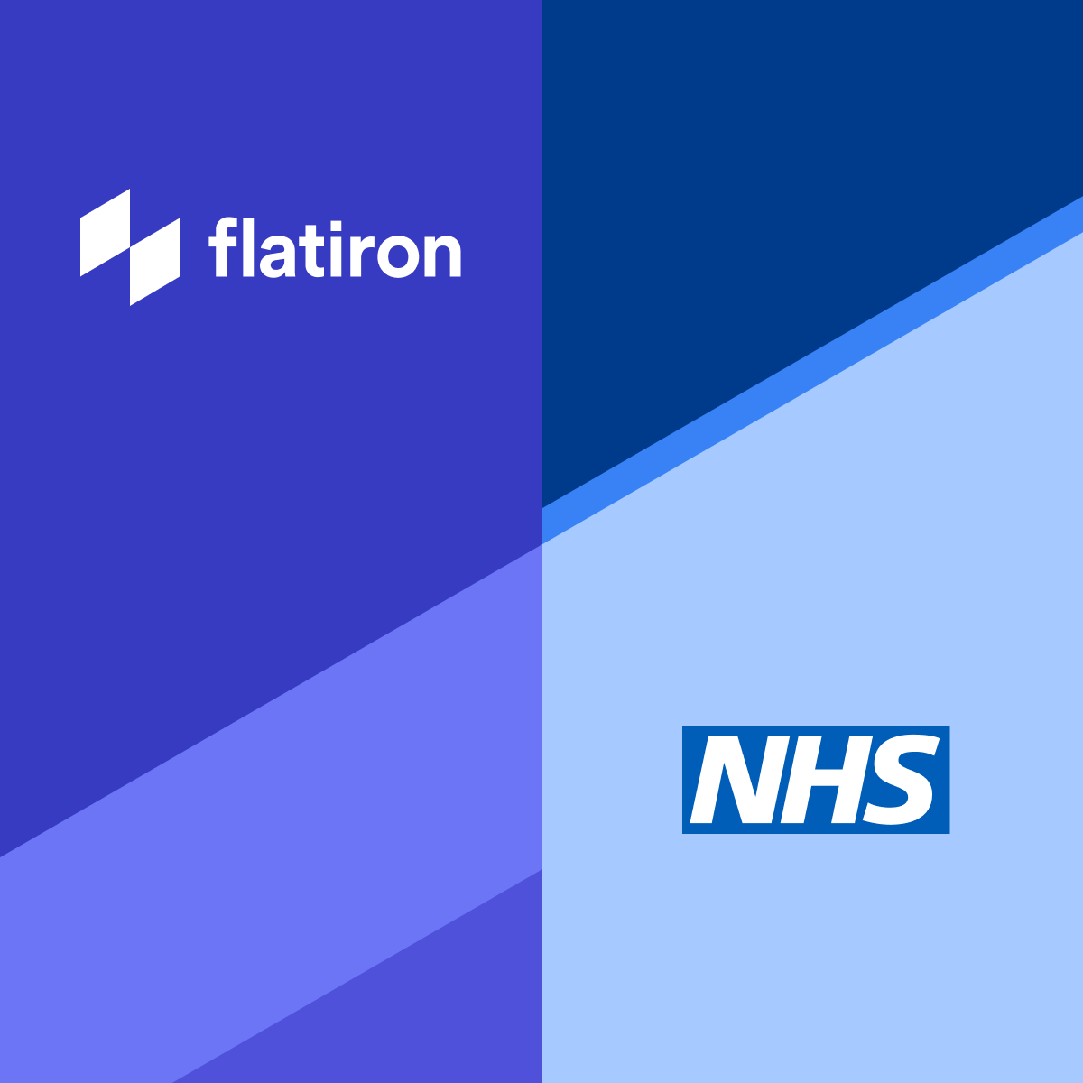 flatiron logo and NHS logo with a purple and blue striped background